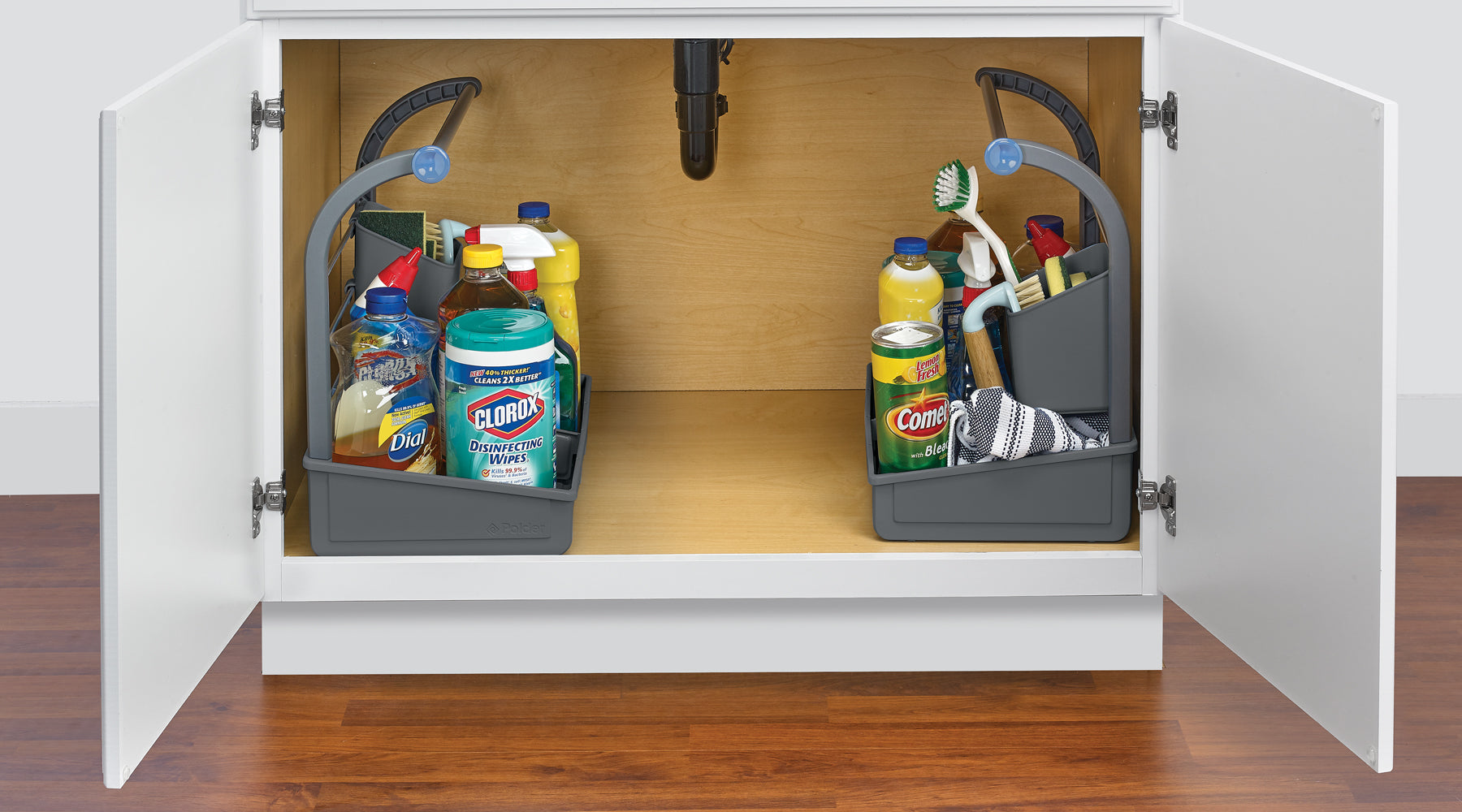 Organized under-sink cabinet with Polder caddy